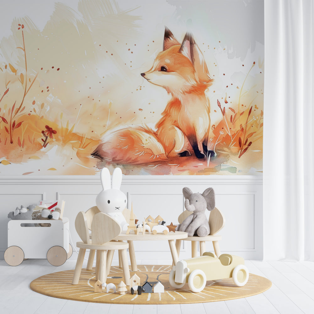Fox mural wallpaper in neutral-toned bedroom with minimal decor