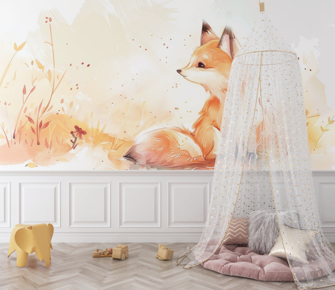 Forest animal wallpaper featuring fox in peaceful home office setting