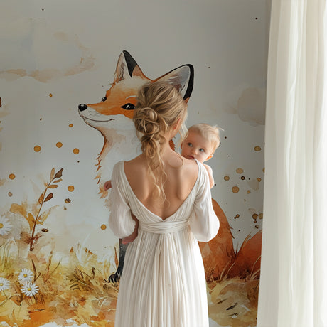 Fox wallpaper mural in bright nursery with white furniture and soft lighting