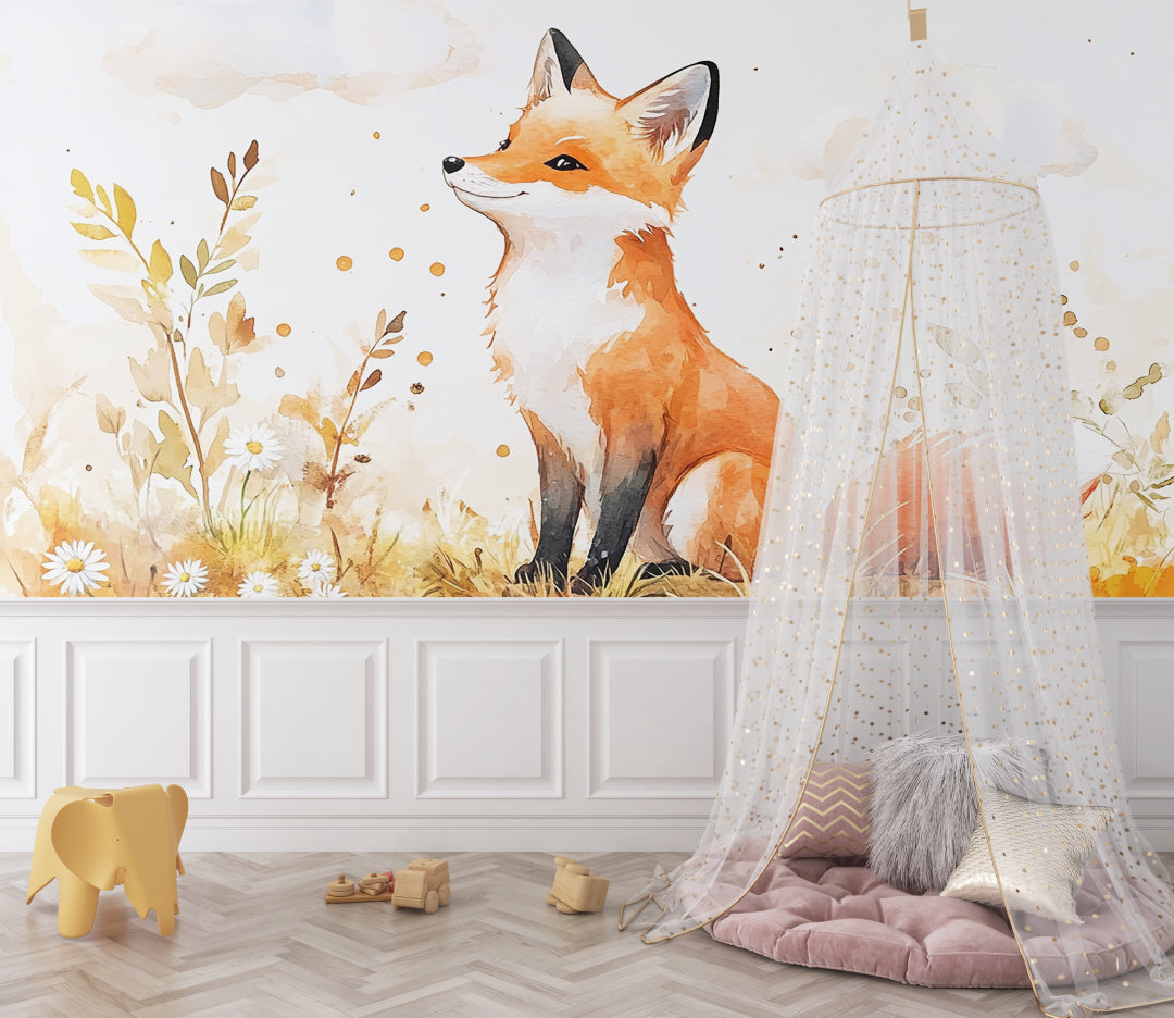 Watercolor fox mural creating focal point in children's reading nook