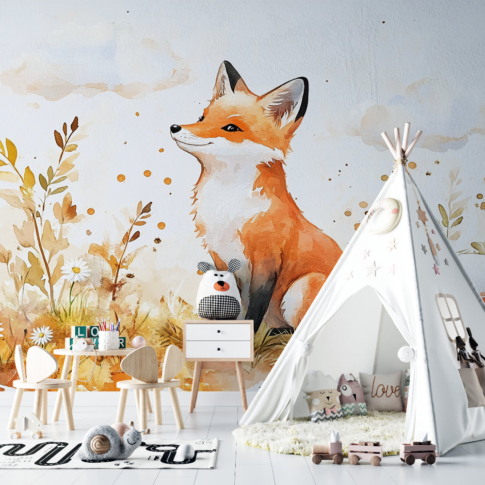 Forest fox wallpaper adding charm to modern playroom setting