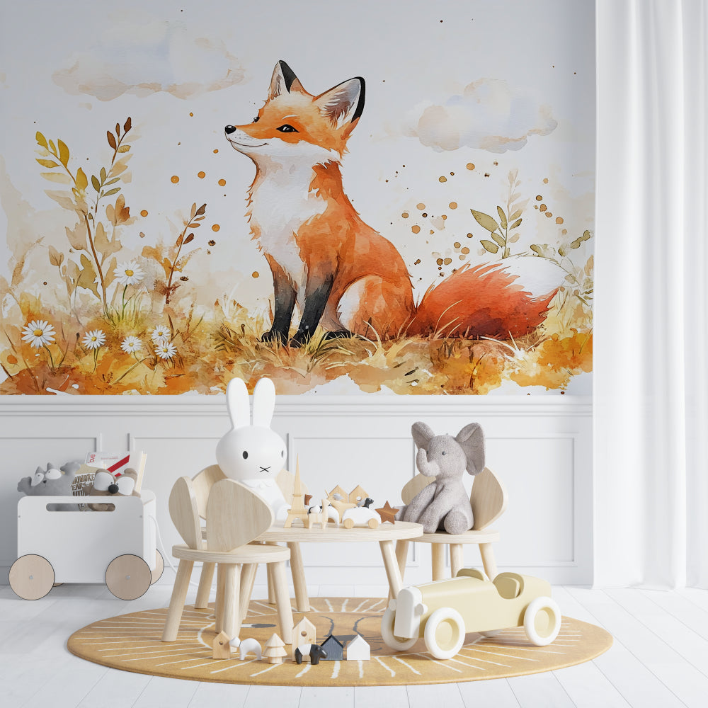 Woodland fox mural bringing nature into cozy bedroom space