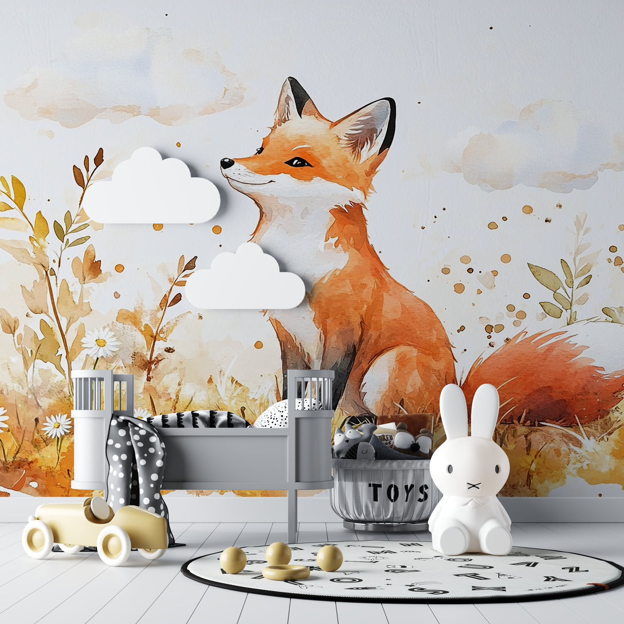 Fox wall mural showcasing watercolor details in minimalist nursery