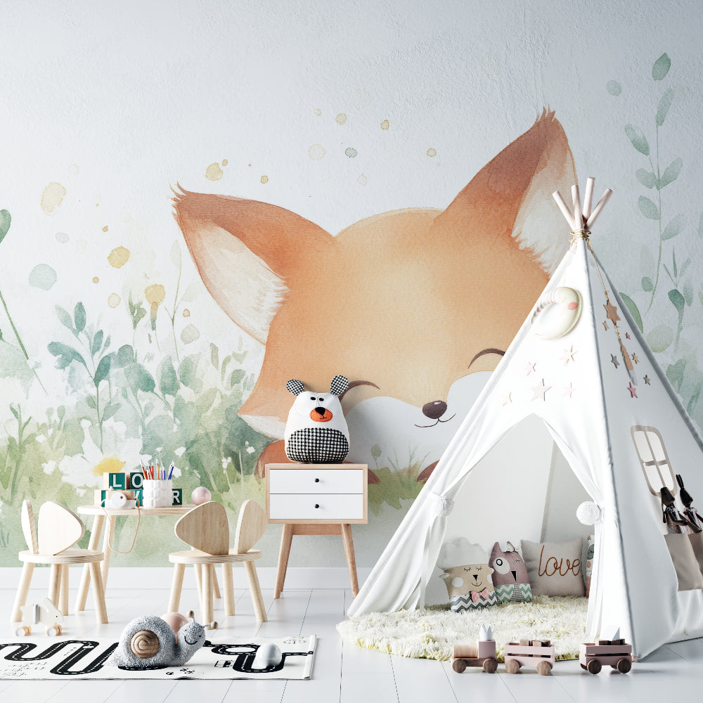 Fox nursery wallpaper in modern white nursery with wooden crib and rocking chair