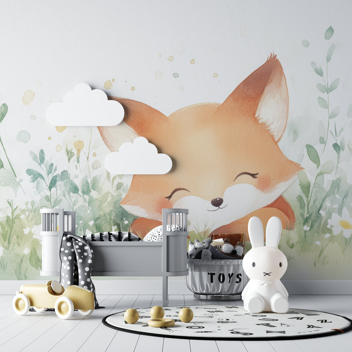 Watercolor fox wallpaper creating cozy reading nook in baby's room