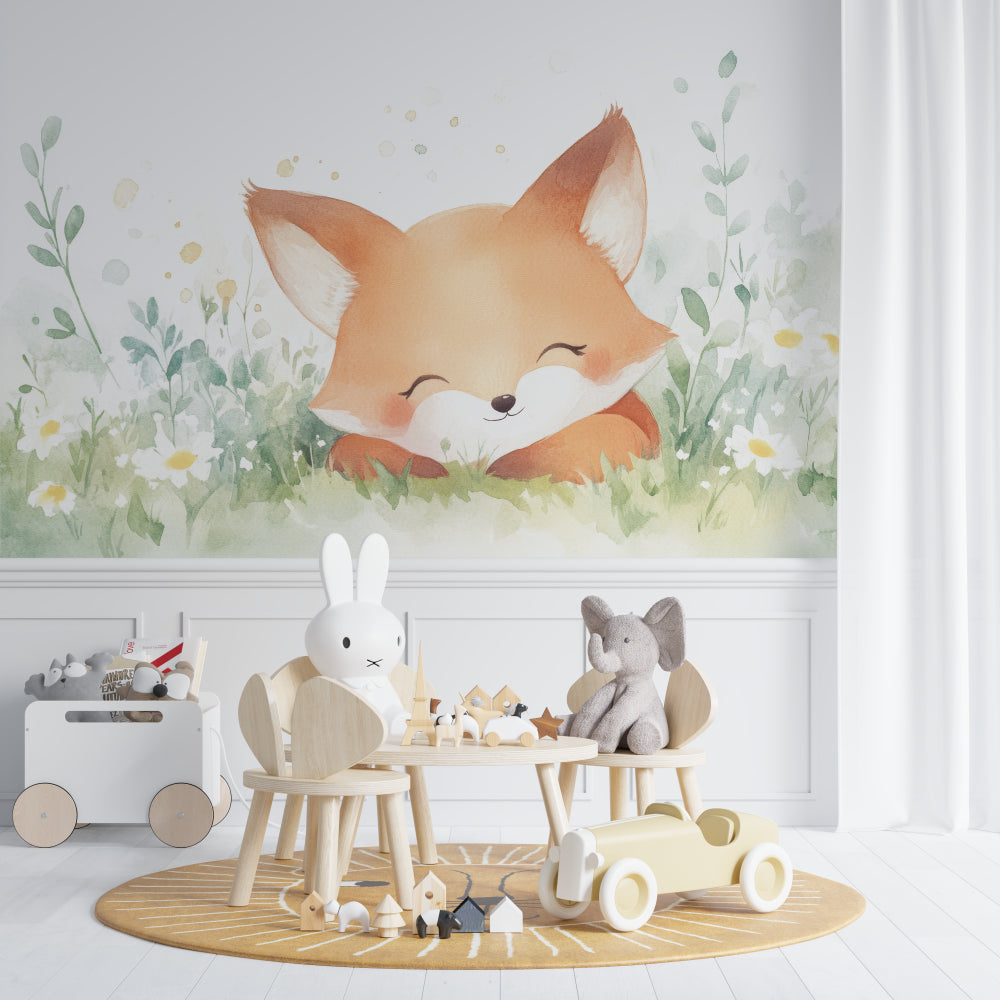 Woodland fox wallpaper in neutral nursery with changing table