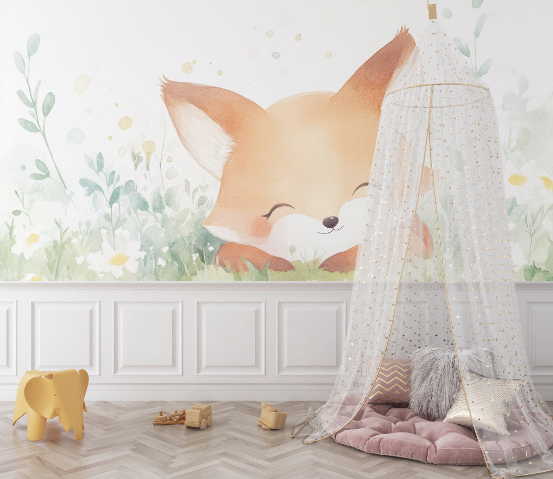 Baby room with fox mural wallpaper and natural wood furniture