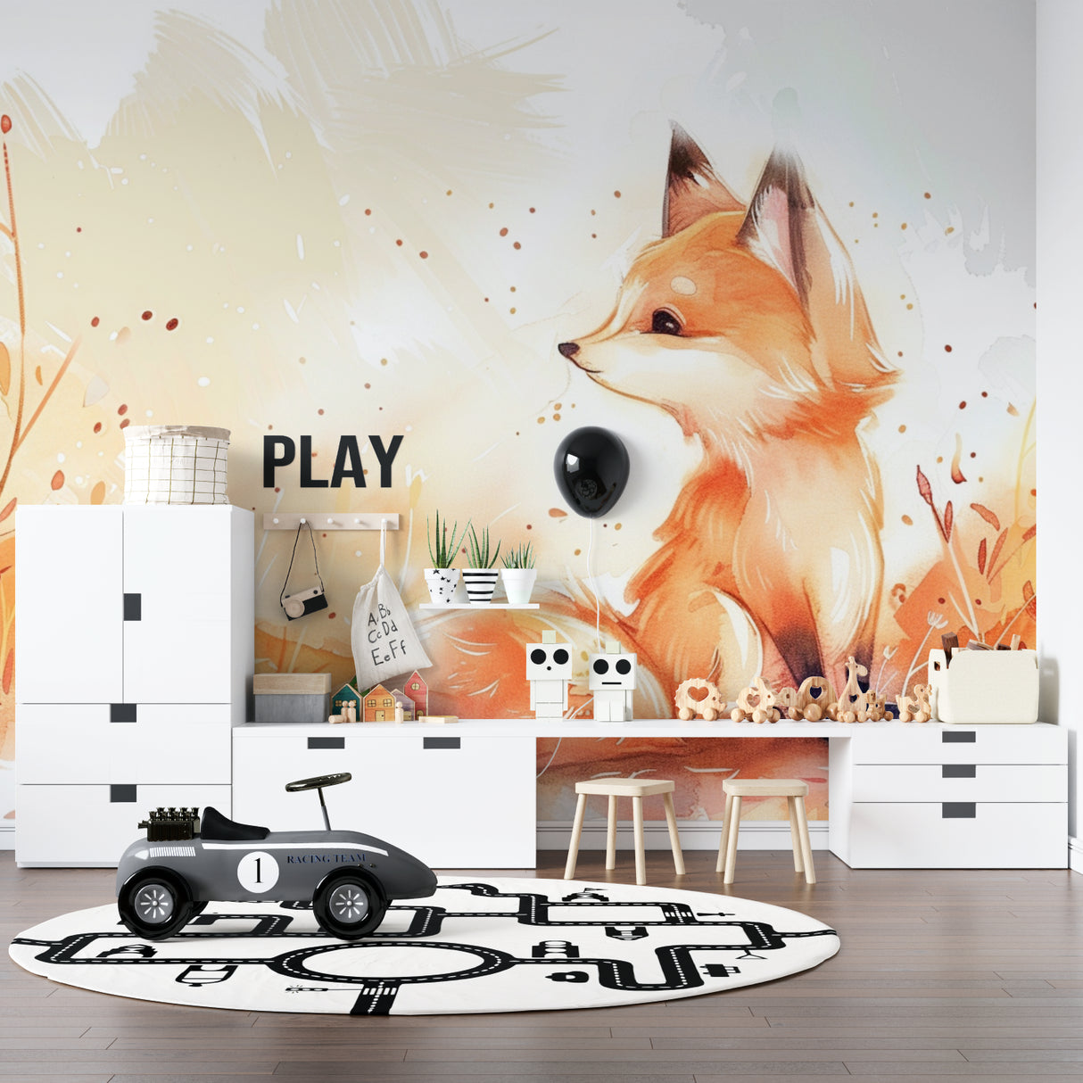 Fox Wallpaper Mural styled in a cozy nursery with natural wood furniture and soft textiles