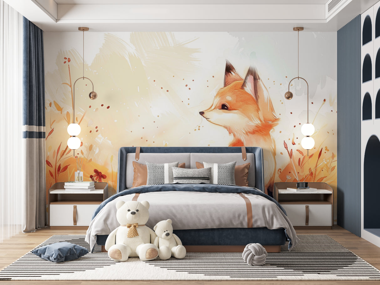 Watercolor Fox Wallpaper bringing charm to a modern playroom setting