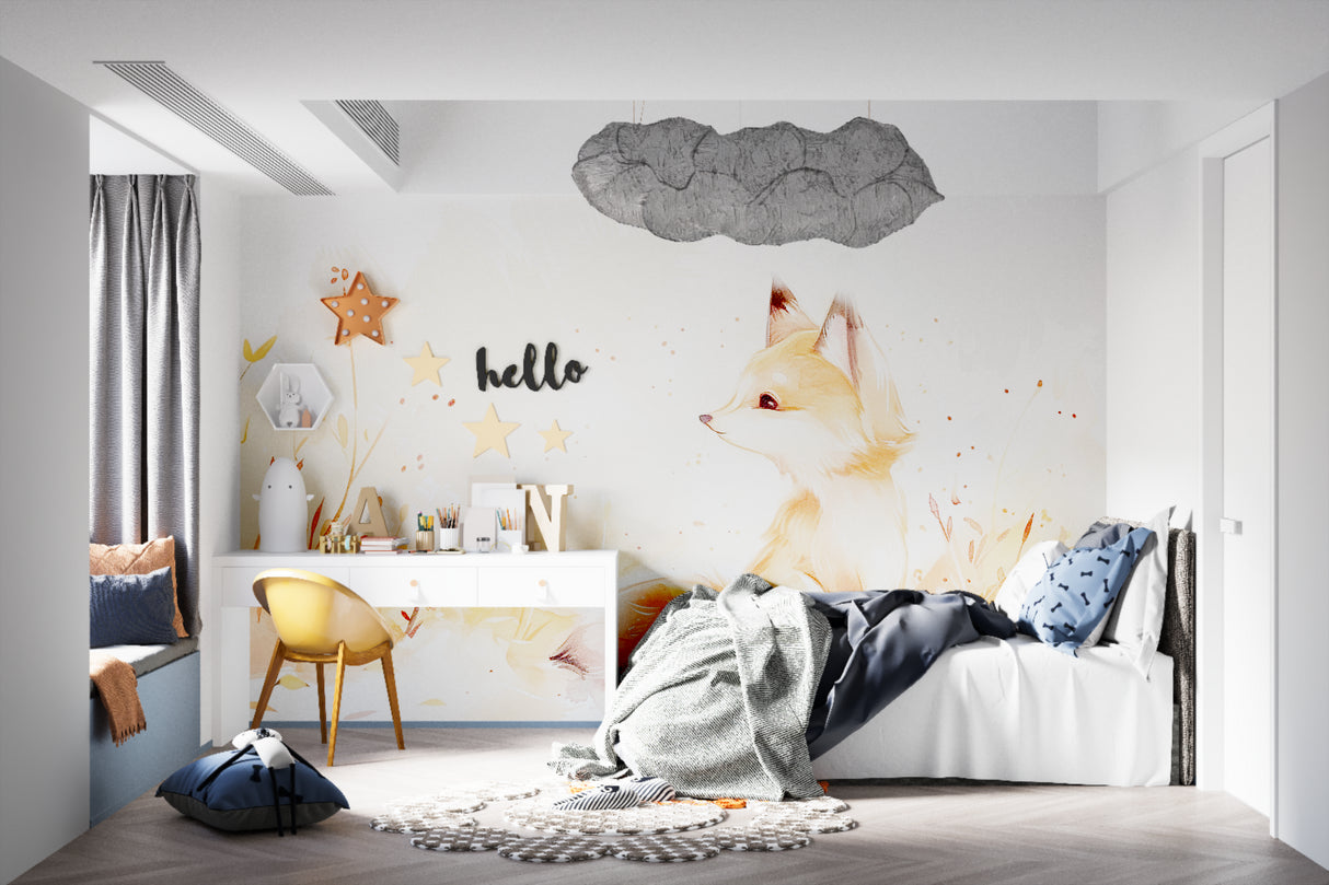 Woodland Theme Wallpaper displayed in a baby's nursery with gentle lighting