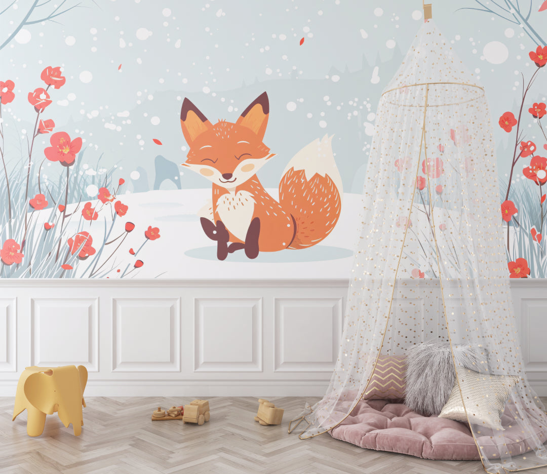 Fox wallpaper mural in a cozy nursery with soft lighting and wooden furniture