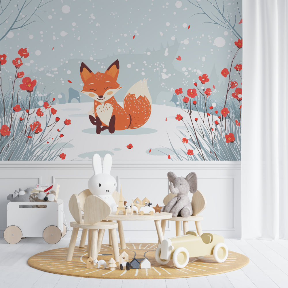 Children's bedroom featuring fox wall mural with reading nook and fairy lights