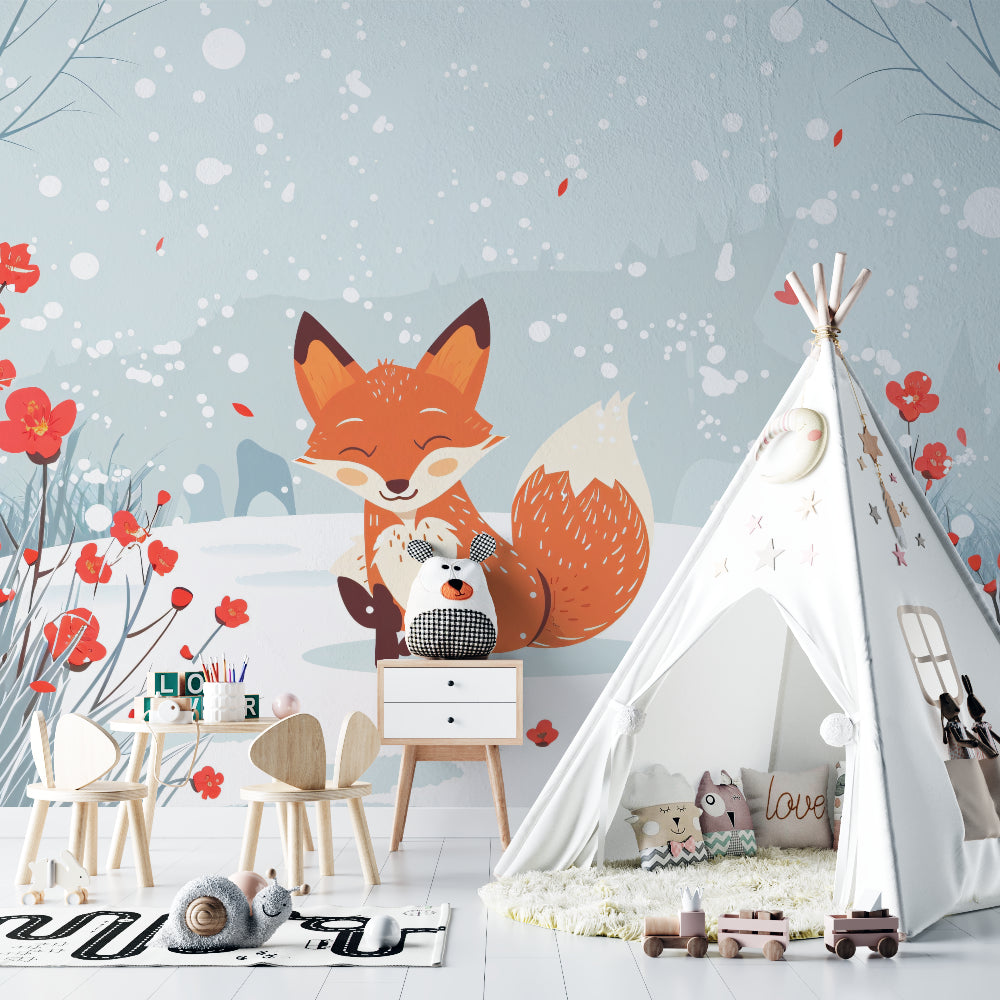 Playroom decorated with winter fox wallpaper showing full wall application