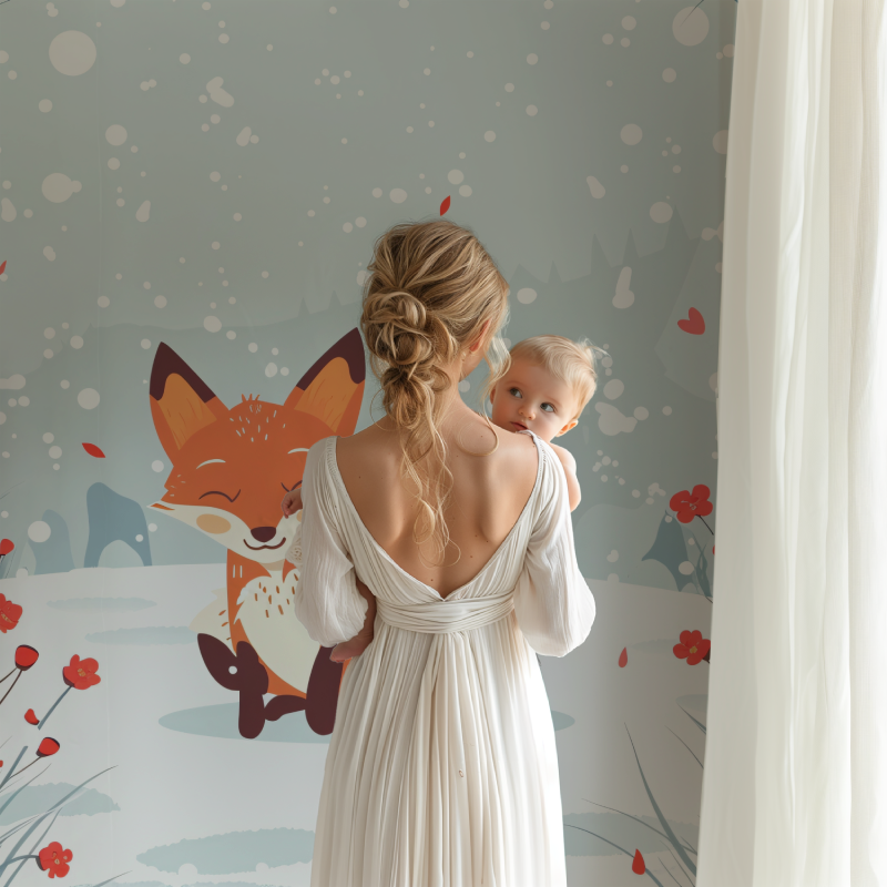 Baby room with fox garden wallpaper creating a sweet bedtime atmosphere