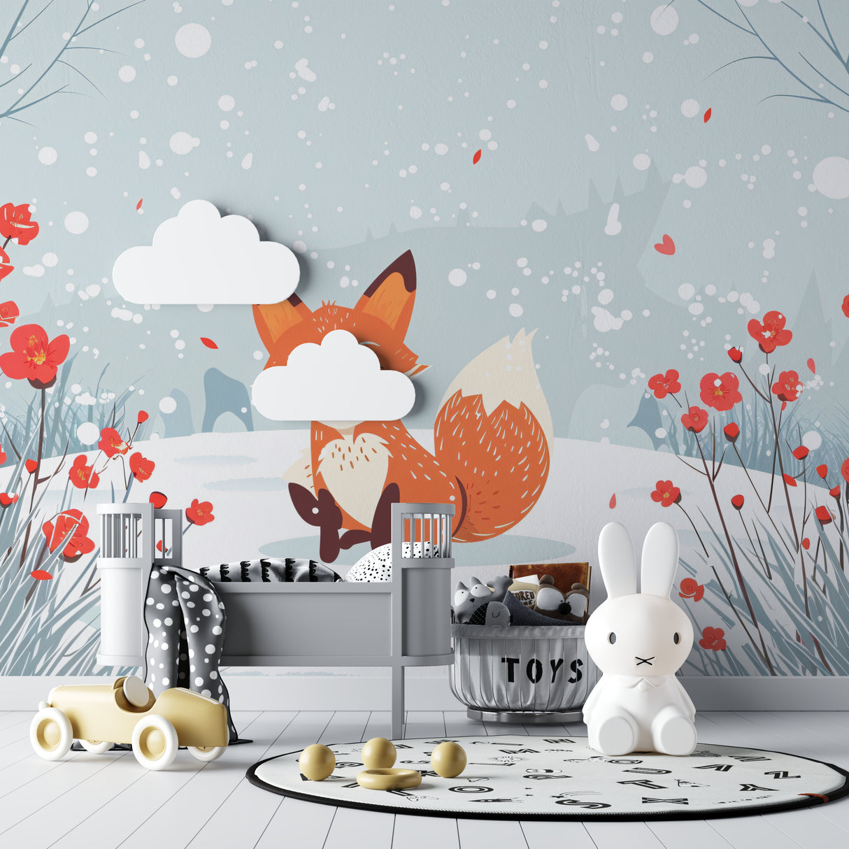 Modern nursery setting with fox and flowers wall mural in soft winter colors