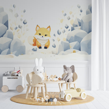 Fox Mural Wallpaper styled in a cozy nursery with a rocking chair and soft lighting