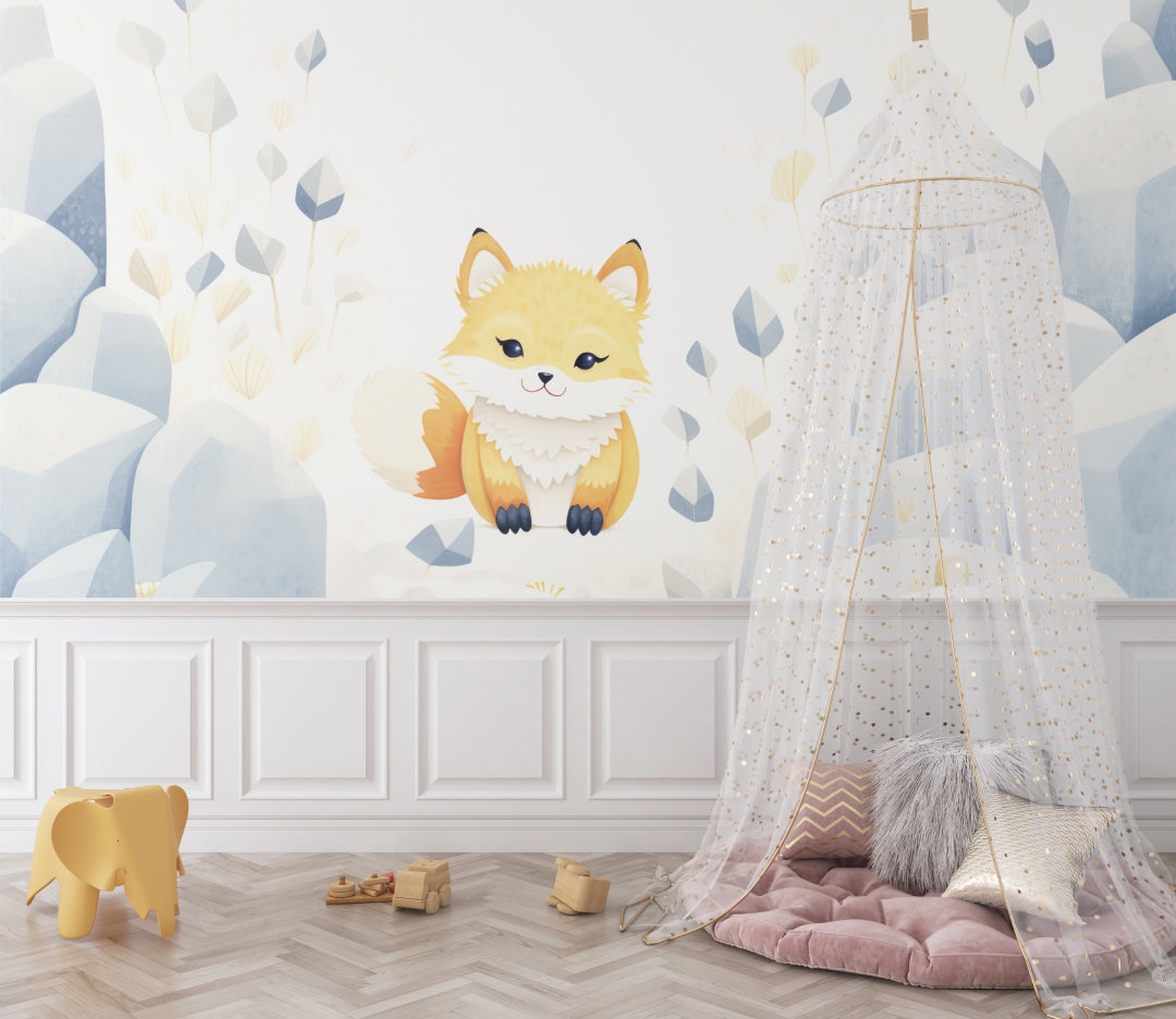 Woodland Fox Wallpaper featured in a modern children's reading nook with floating shelves