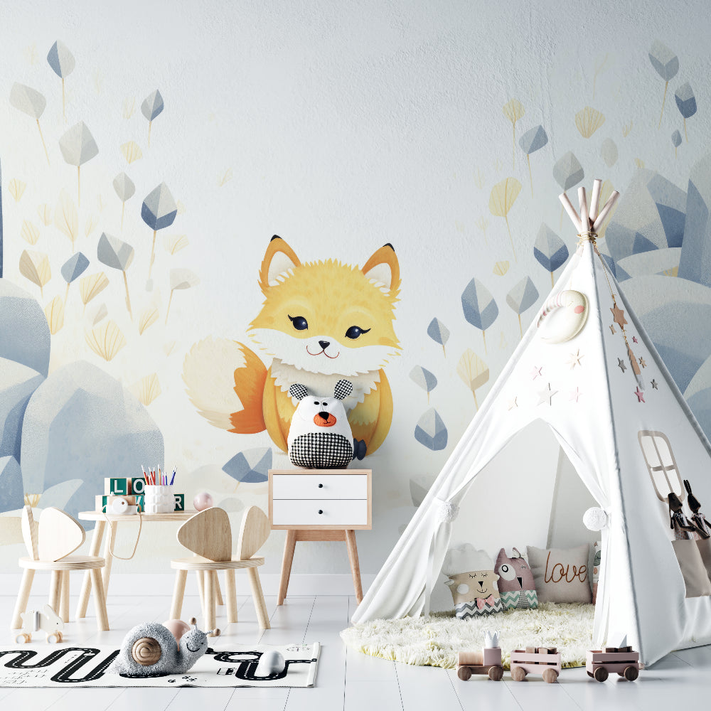 Fox Nursery Wallpaper displayed in a playroom with natural wood furniture