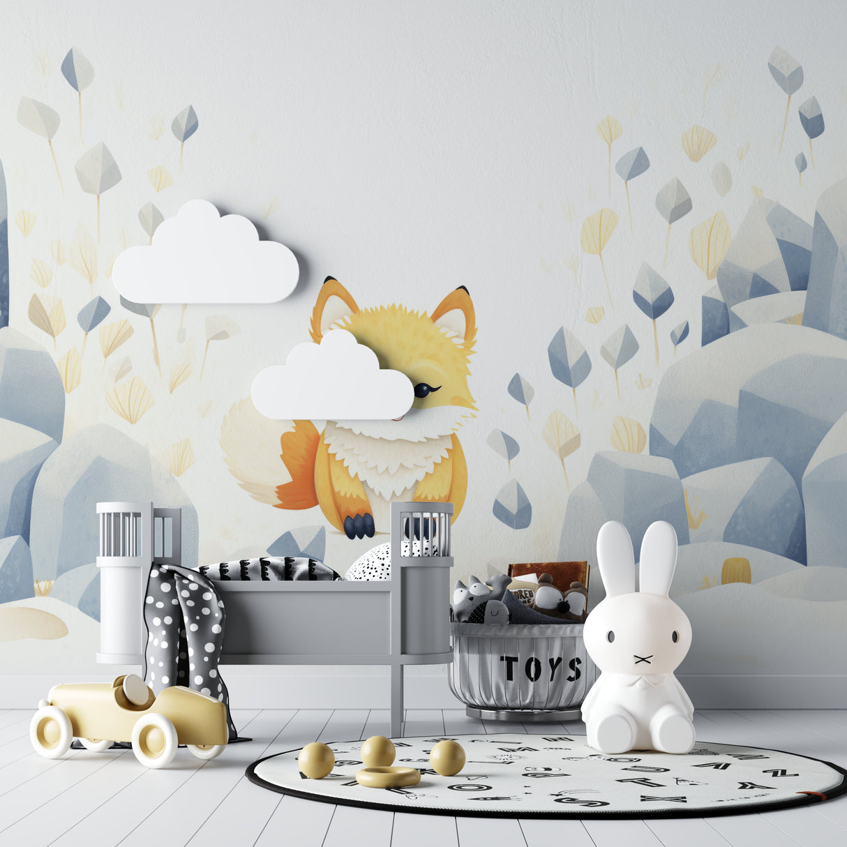 Woodland Nursery Mural shown in a baby's room with white furniture