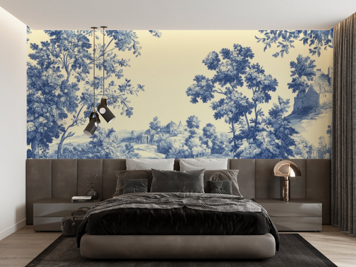 French toile wallpaper in a bright dining room showing blue pastoral scene