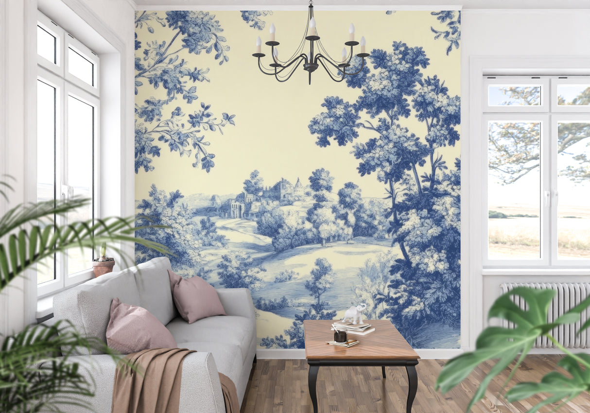Blue toile wallpaper creating focal point in master bedroom