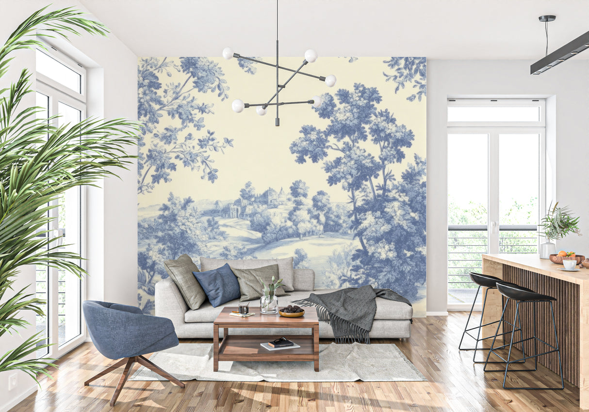 French countryside mural in modern living room setting