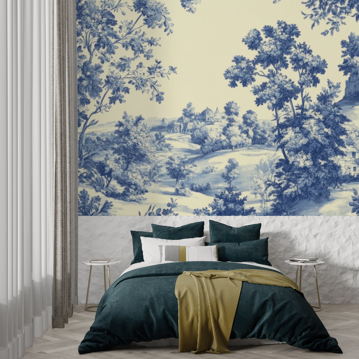 Pastoral toile wallpaper adding charm to home office space