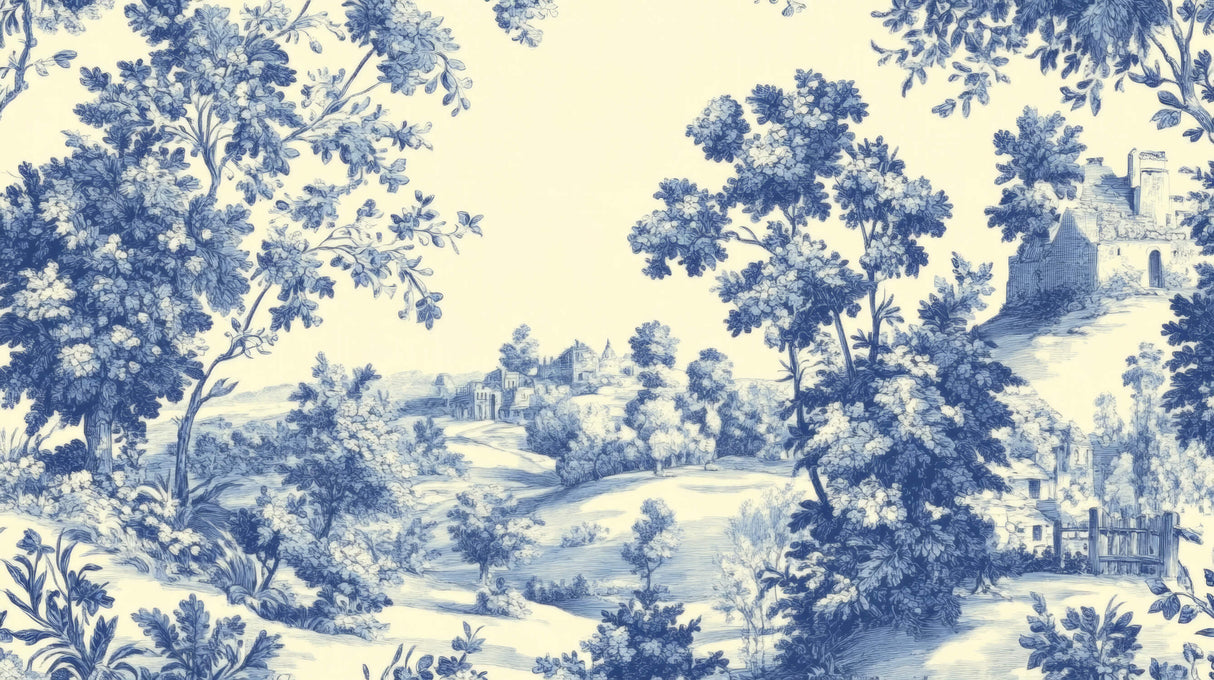 French toile wallpaper design file showing detailed blue pastoral landscape pattern