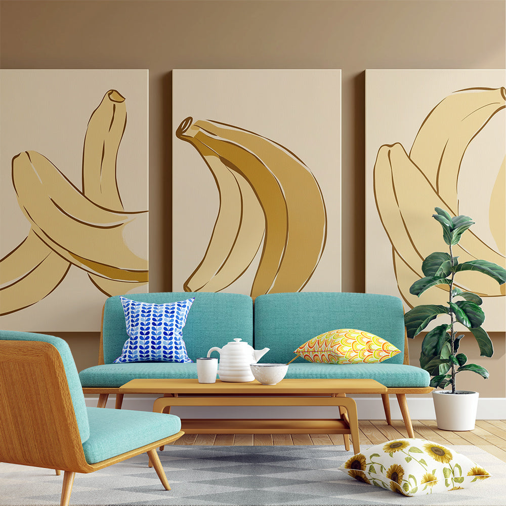 Modern banana wallpaper creating a striking focal point in a bright contemporary dining room with minimal furniture