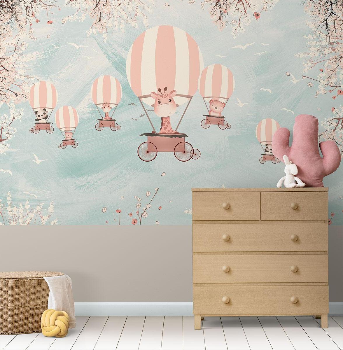 Hot Air Balloon Mural Wallpaper | Safari Animals Adventure with Cherry Blossoms