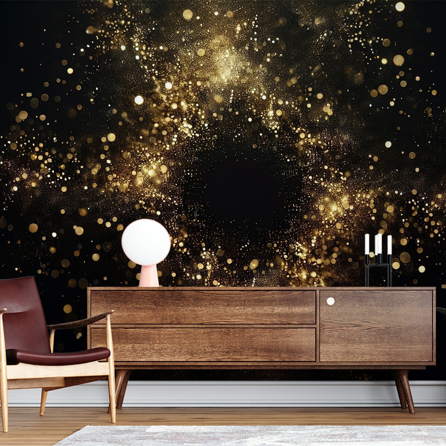 Galaxy wallpaper with gold accents creating a stunning focal point in a modern living room with minimal furniture