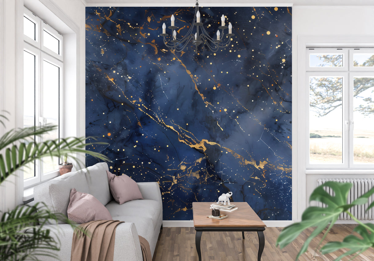 Galaxy wallpaper in modern bedroom showing blue and gold cosmic pattern creating a dreamy atmosphere