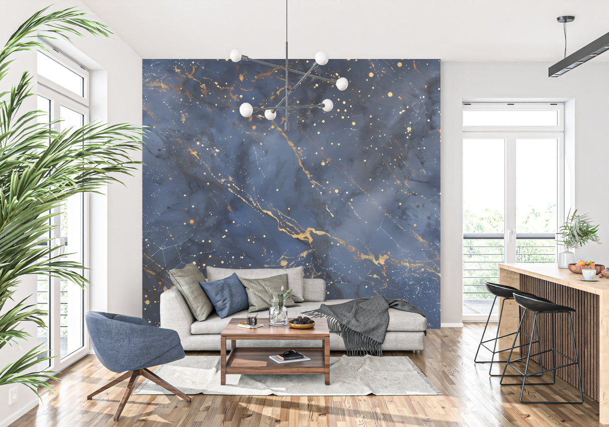 Blue and gold galaxy mural displayed in luxury living room with contemporary furniture