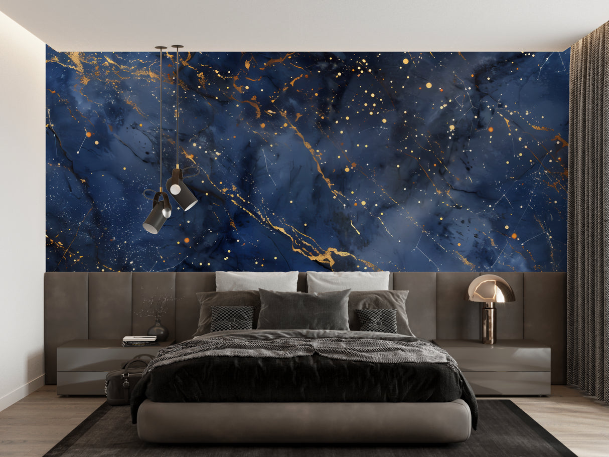 Cosmic wallpaper bringing starry night feel to home office space with gold accents