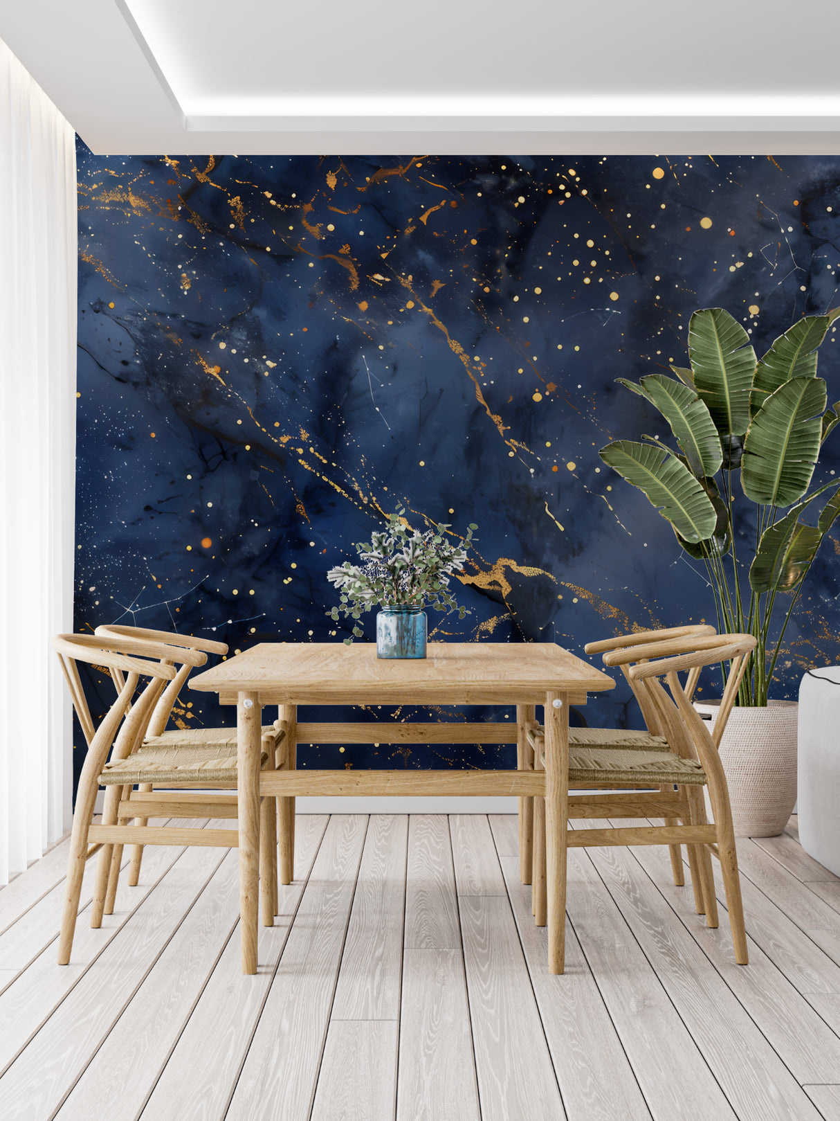 Galaxy wall mural in dining room showing scale and impact of celestial design