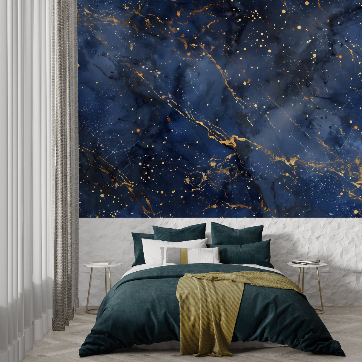 Night sky wallpaper creating cozy atmosphere in reading nook with ambient lighting