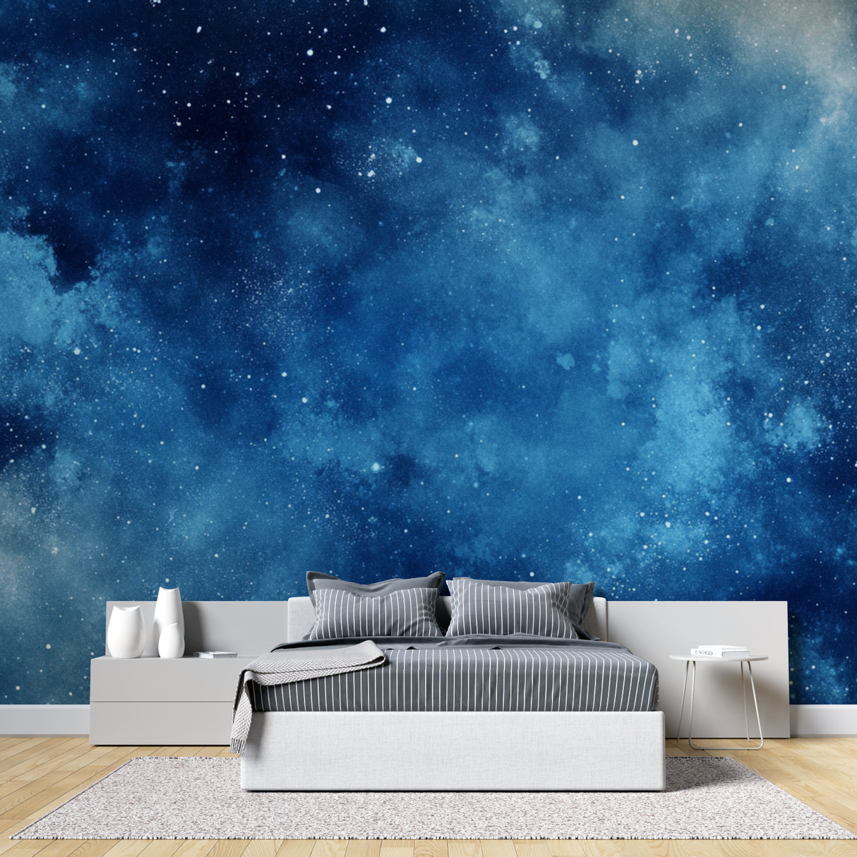 Galaxy mural wallpaper creating a dreamy atmosphere in a modern bedroom with soft lighting