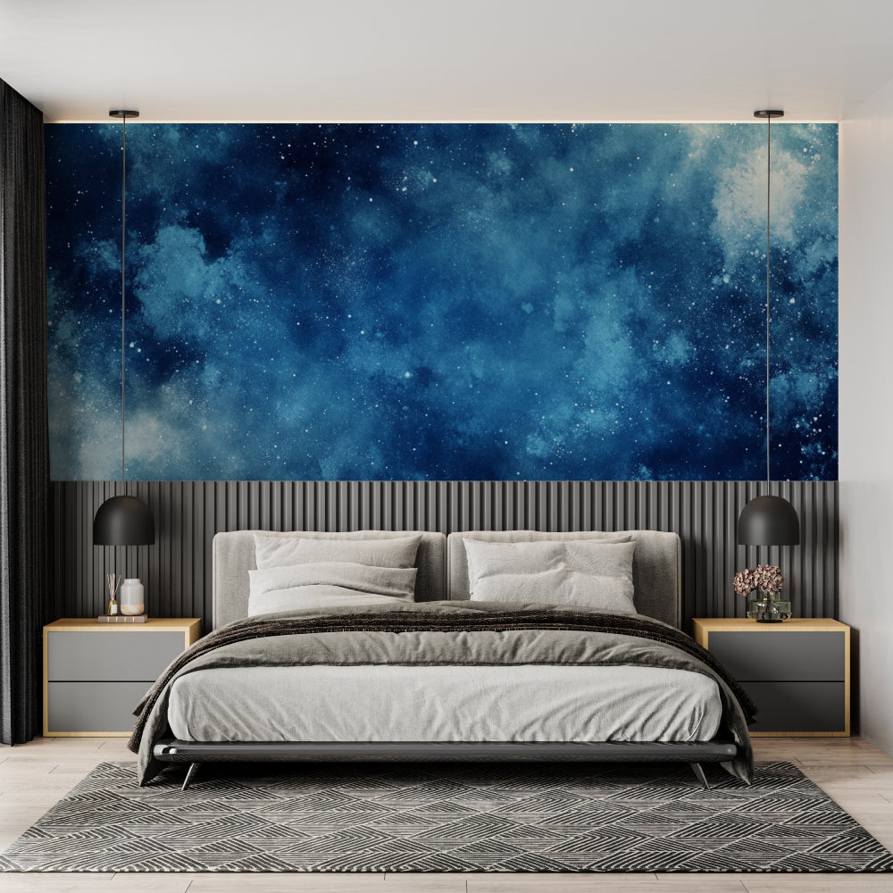 Night sky wallpaper transforming a child's bedroom into a magical space paradise