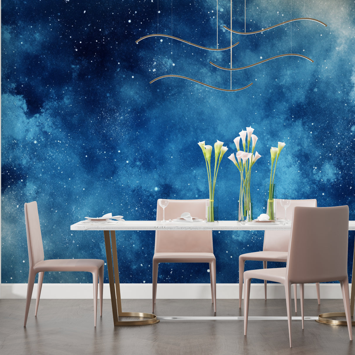 Celestial wallpaper adding depth to a home office with starry night theme