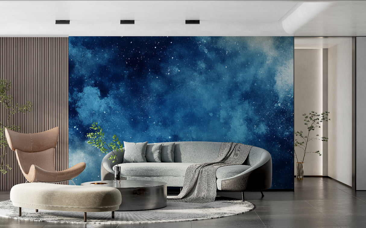 Galaxy wall mural creating a calming atmosphere in a meditation room