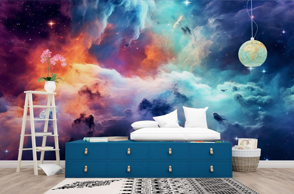 Galaxy wallpaper mural bringing cosmic wonder to a modern bedroom with soft lighting