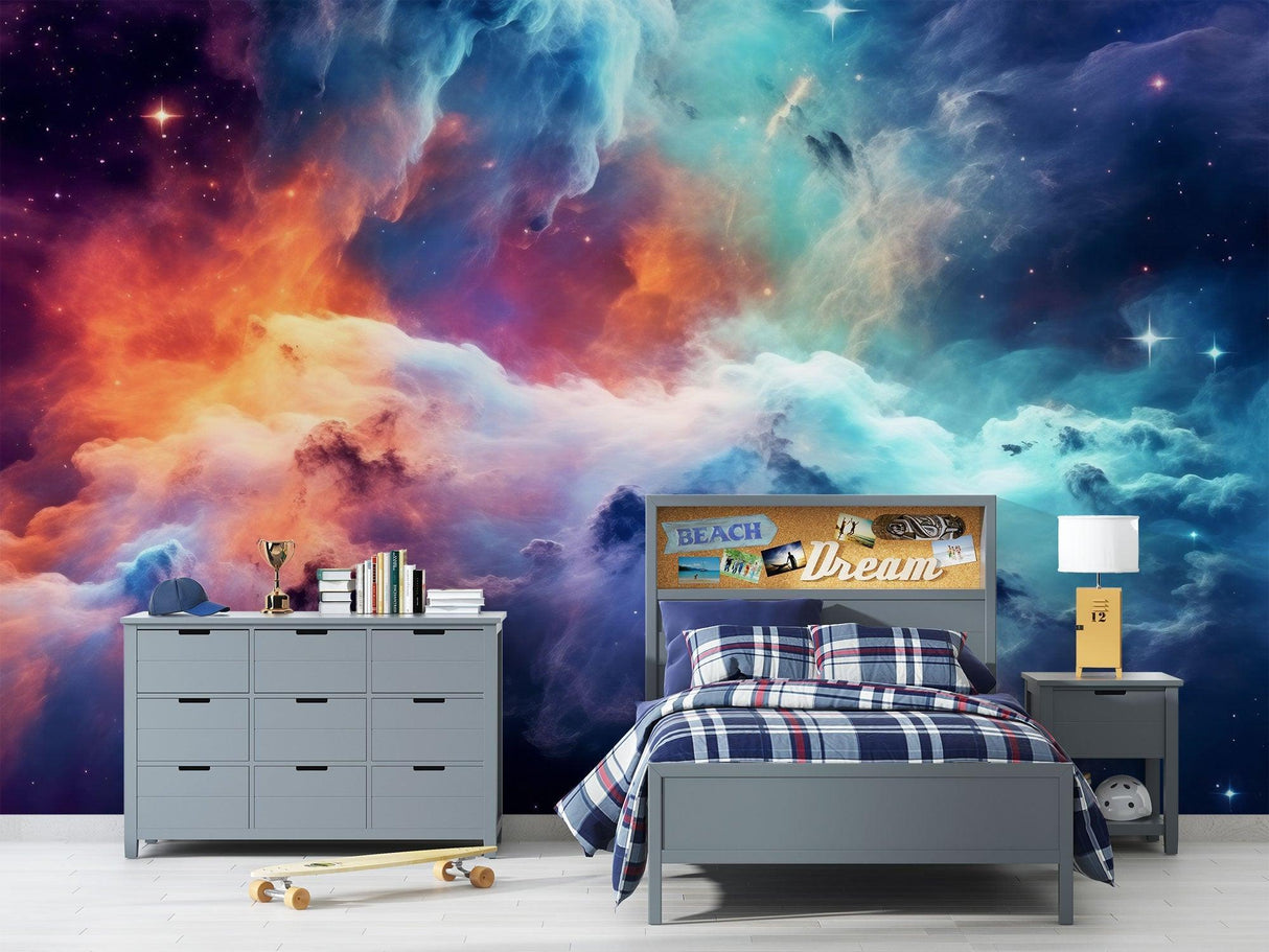Space themed nursery featuring nebula wall mural with glowing stars