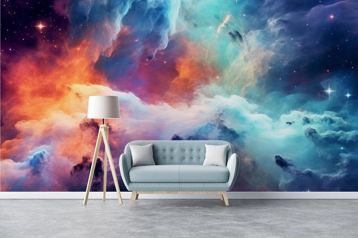 Cosmic wallpaper transforming home office into galactic workspace