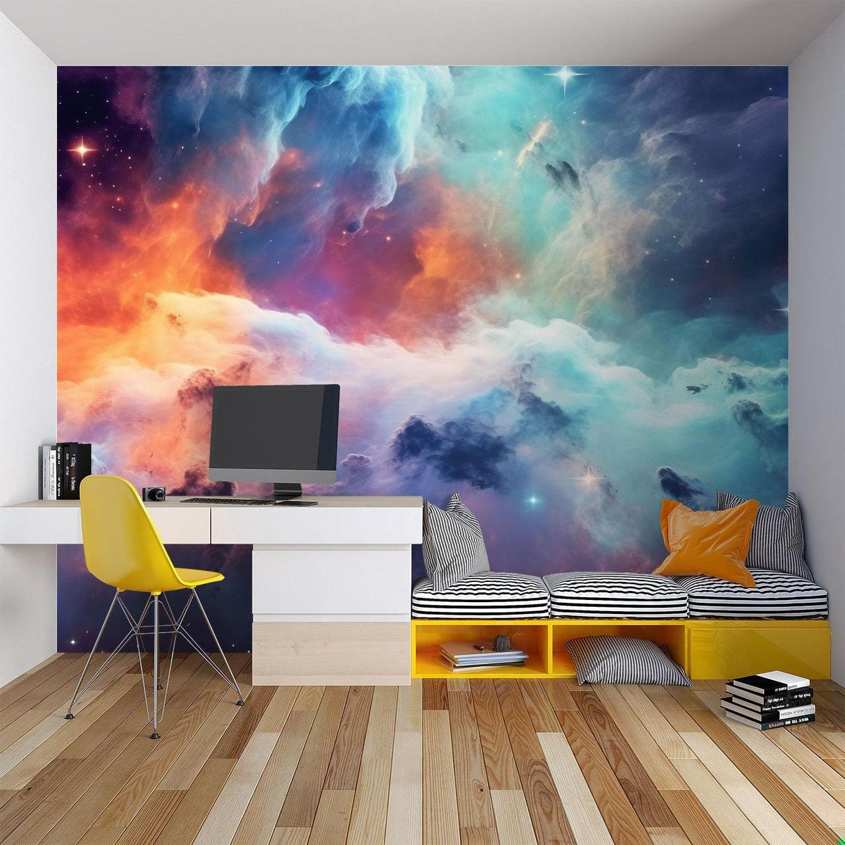 Galaxy mural wallpaper creating dreamy atmosphere in teen bedroom