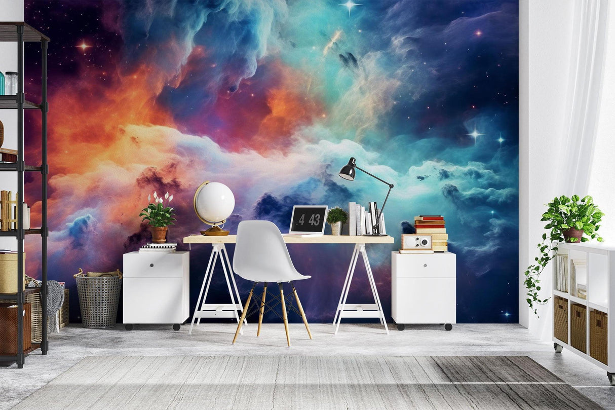 Space wallpaper bringing nebula patterns to gaming room setup