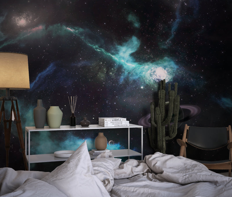 Space themed mural adds depth to meditation room