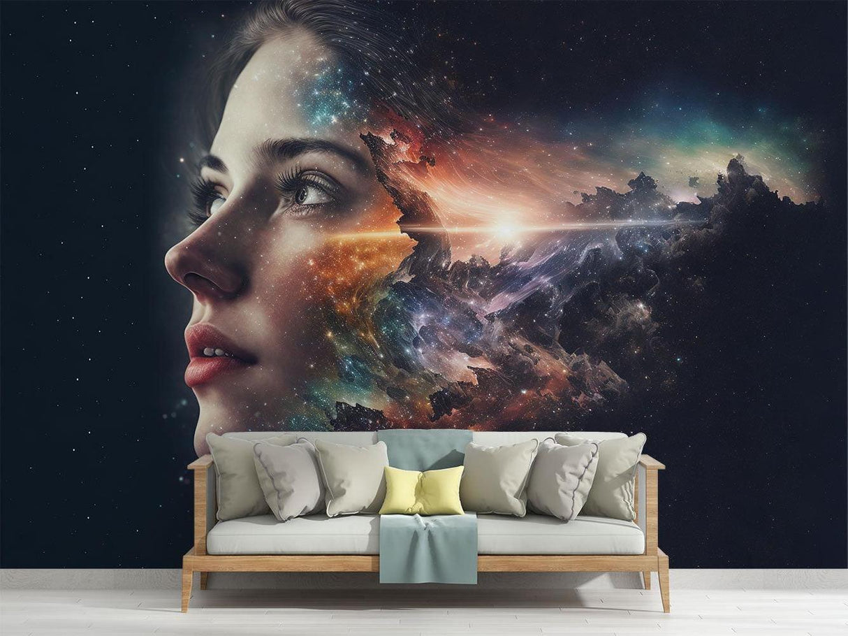 Galaxy wallpaper mural creating depth in modern living room with grey sofa