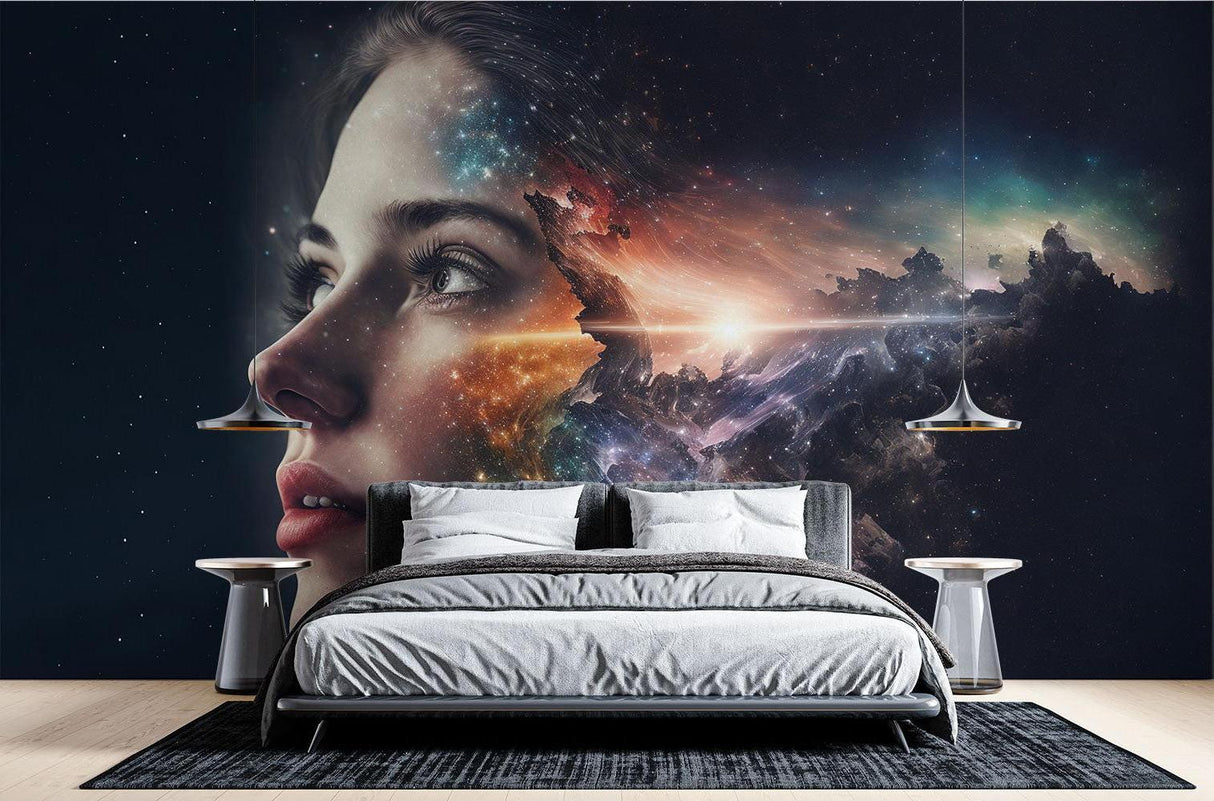 Space portrait wallpaper in teenager's bedroom with LED lighting