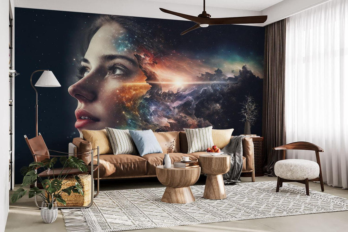 Cosmic nebula wall mural in home office with minimalist furniture