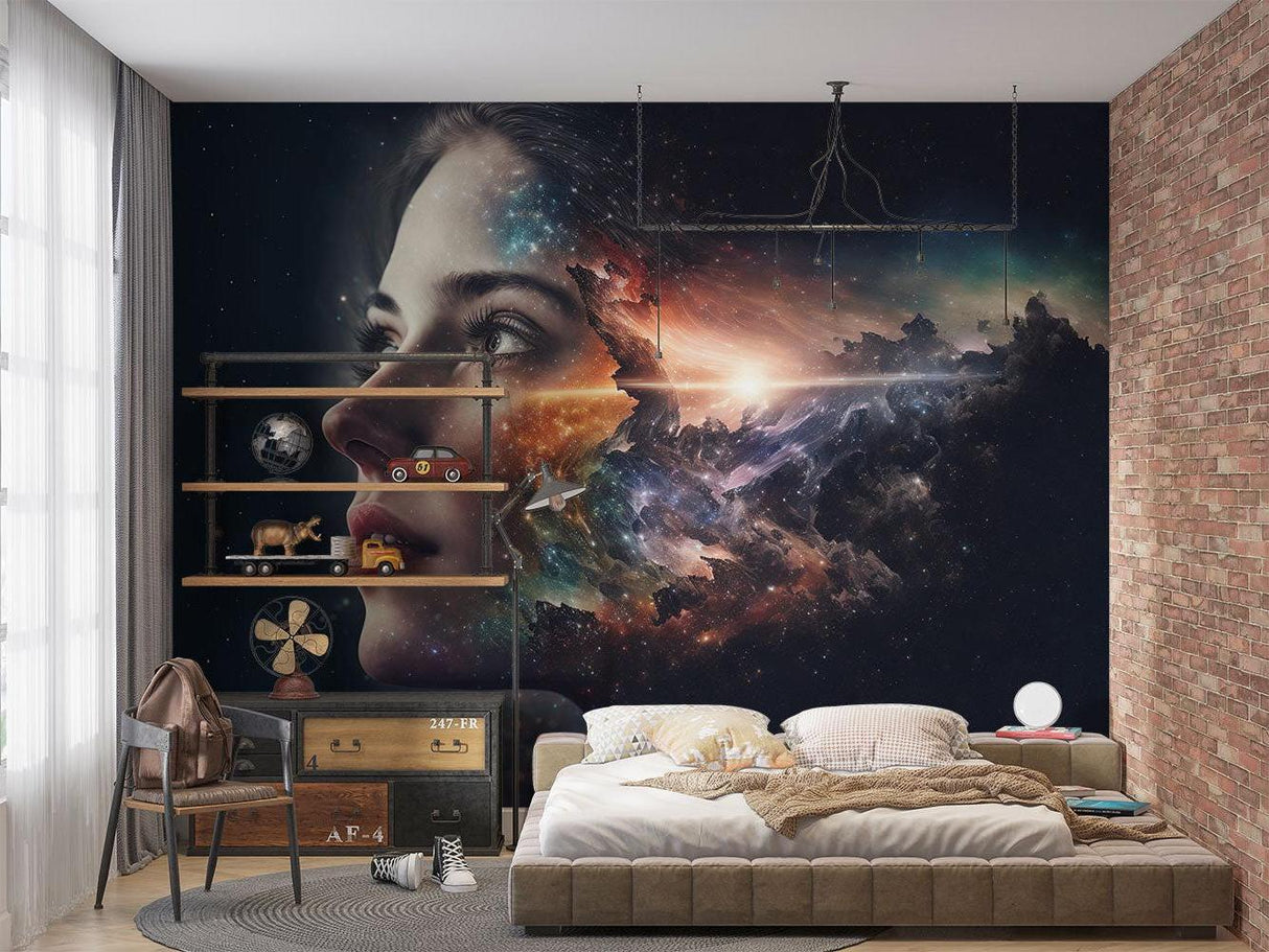 Galaxy portrait mural in contemporary dining room setting